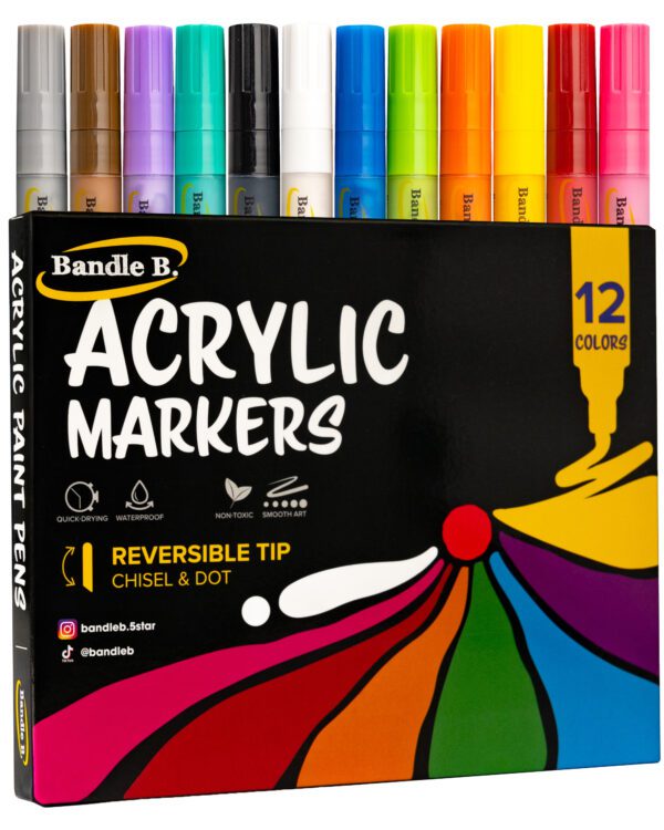 Acrylic Paint Markers - 12 Pack Reversible Chisel / Dot Tip